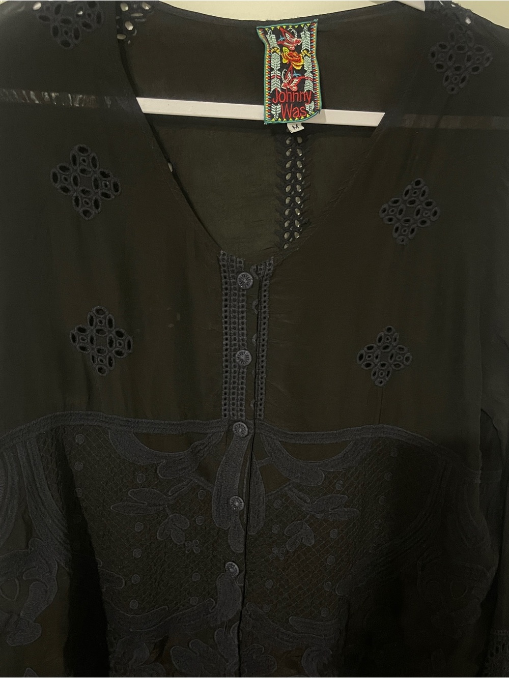 Johnny Was Black Embroidered Lace Blouse Boho Ruffle Sleeve Tie Hem Medium M - Picture 6 of 13